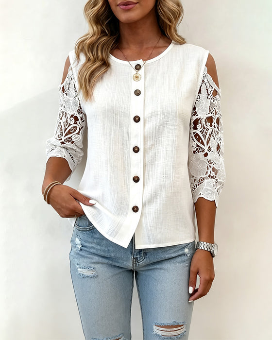Cutout Off-Shoulder Button Blouse