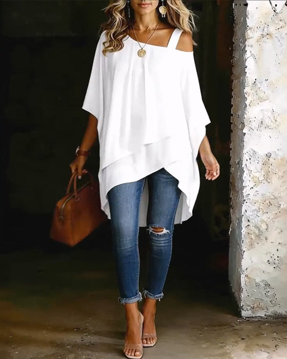 Asymmetric Cold-Shoulder Solid Color Casual Blouse