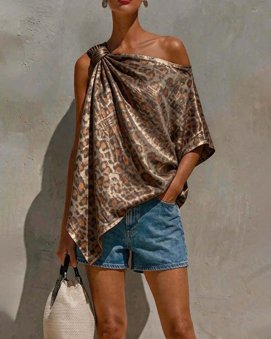 Gold Foil Leopard One-Shoulder Twist Blouse