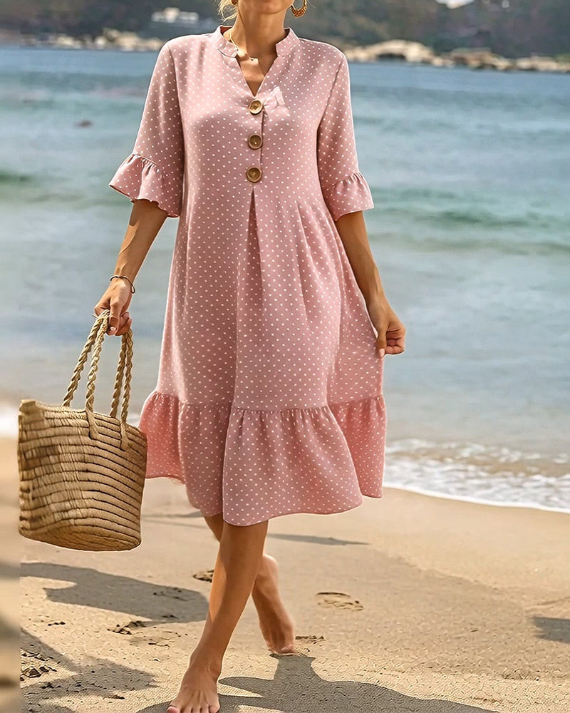 Polka Dot V-Neck Ruffle Sleeve Dress