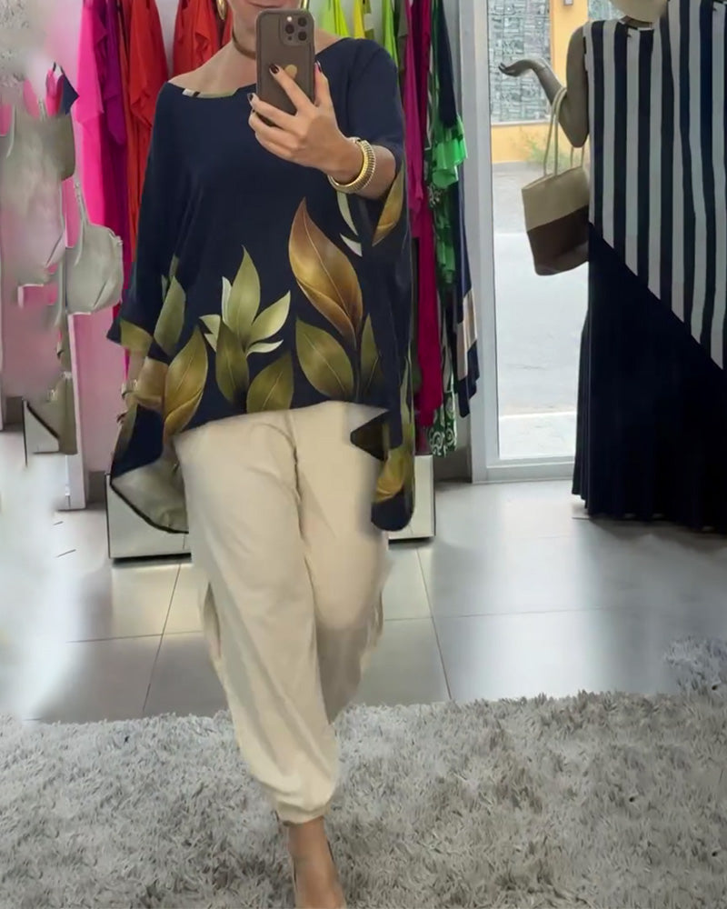 Sloped Shoulder Irregular Three-Quarter Sleeve Blouse