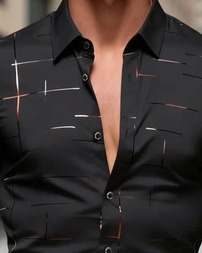 Men's Turn-Down Collar Striped Print Long Sleeve Shirt