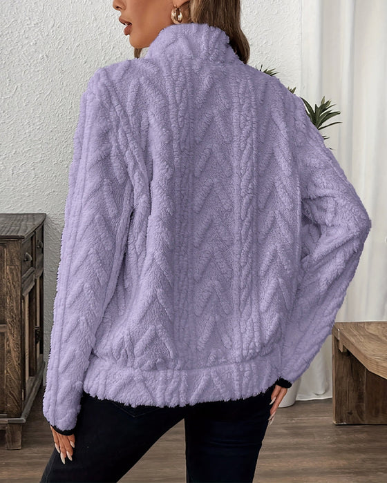 Lapel Zipper Front Fuzzy Sweatshirt