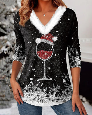 Casual V-neck Fur Collar Christmas Print T-shirt