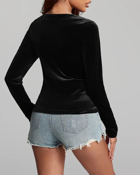 Elegant V-Neck Velvet Ruching Top