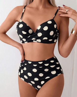 Bra-Style Polka Dot Two-Piece High Waist Swimsuit