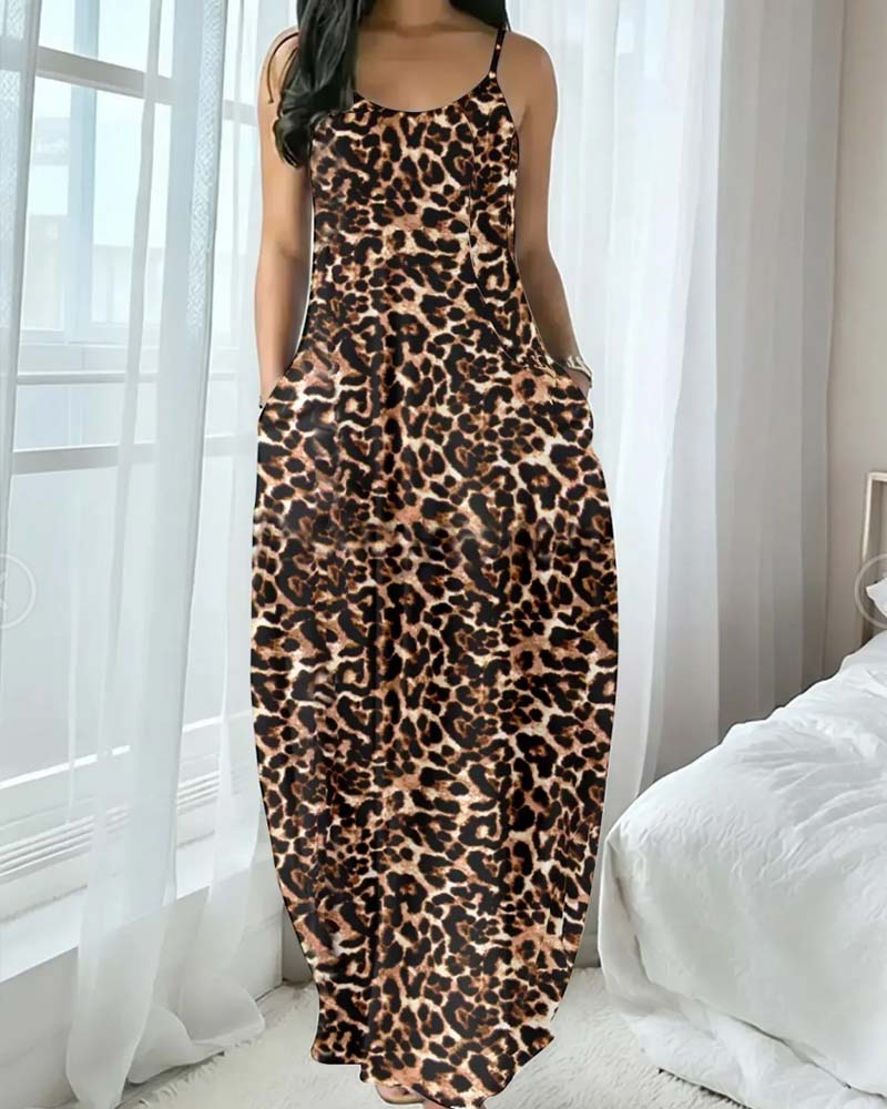 Spaghetti Strap Leopard Print Waist-Cinching A-Line Dress