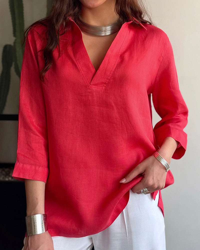 Casual V-Neck Solid Color Blouse