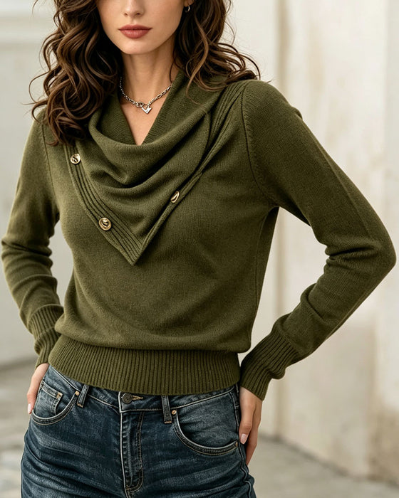 Scarf Collar Button Solid Color Pullover