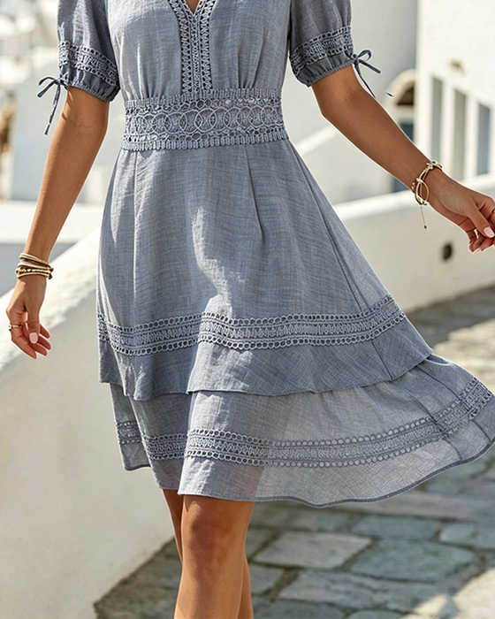V-Neck Cut-Out Double-Layer Puff-Sleeve Dress