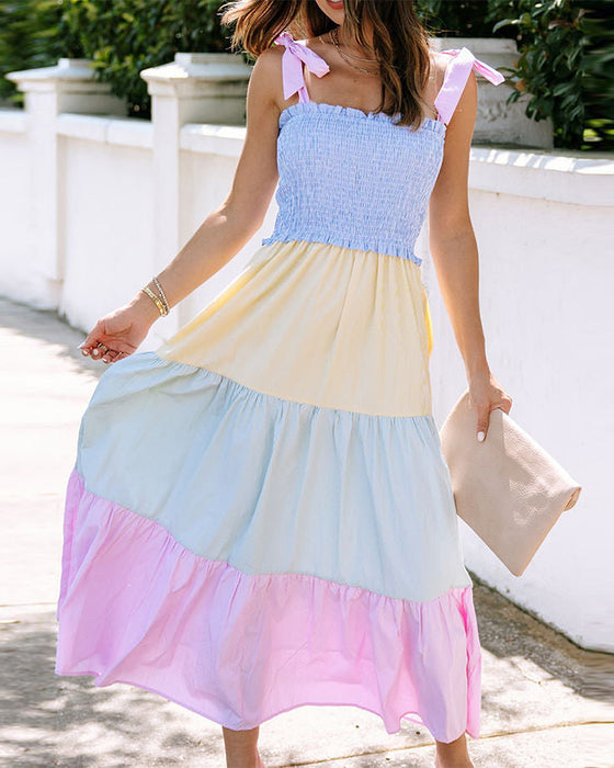 Contrast color patchwork suspender dress