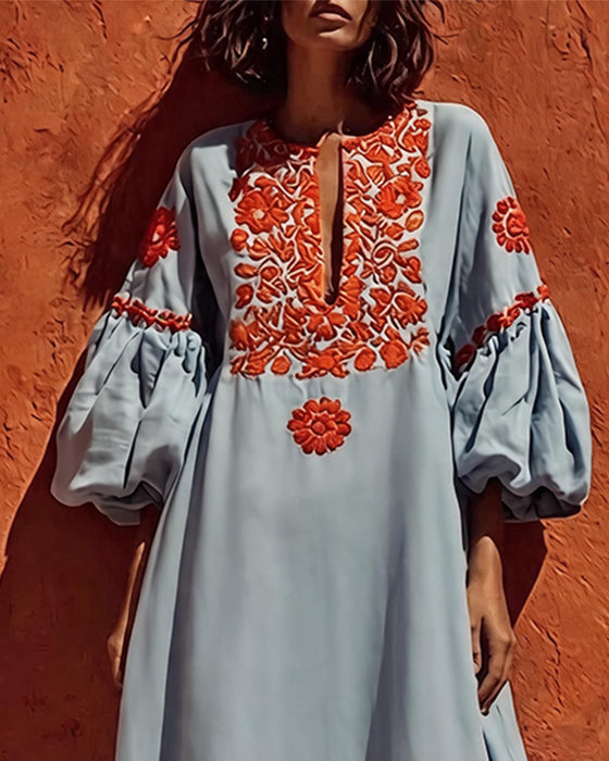 V-Neck Floral Lantern Sleeve Dress