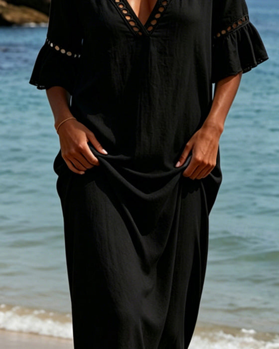 Deep V Ruffle Sleeve Hollow Lace Dress