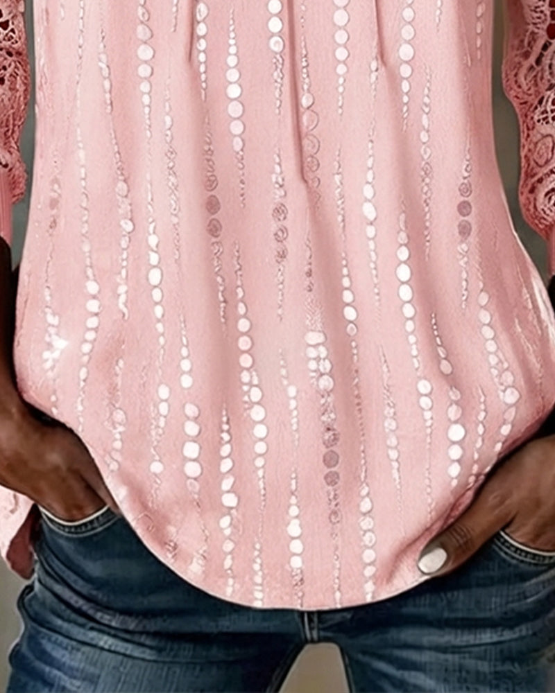Round Neck Shirred Lace Polka Dot Top