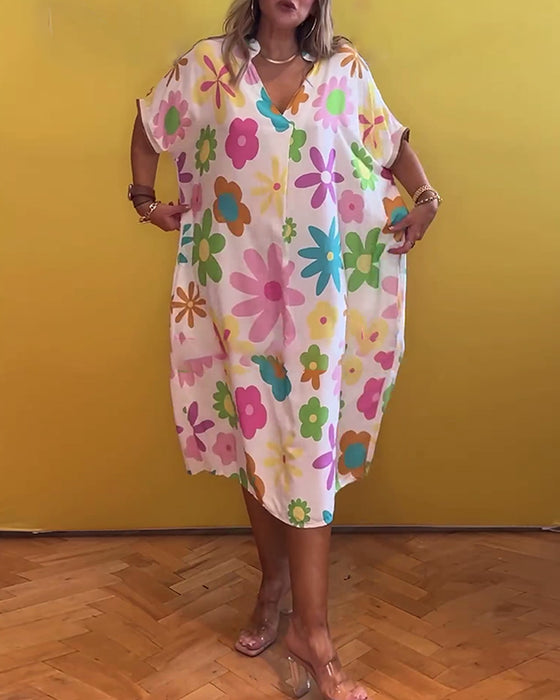 Loose V-neck floral print dress