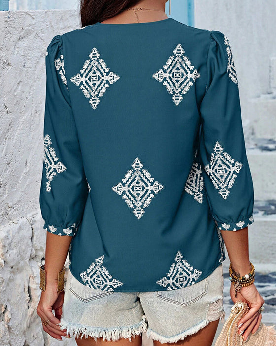 V-Neck Diamond Print Three-Quarter Sleeve Blouse