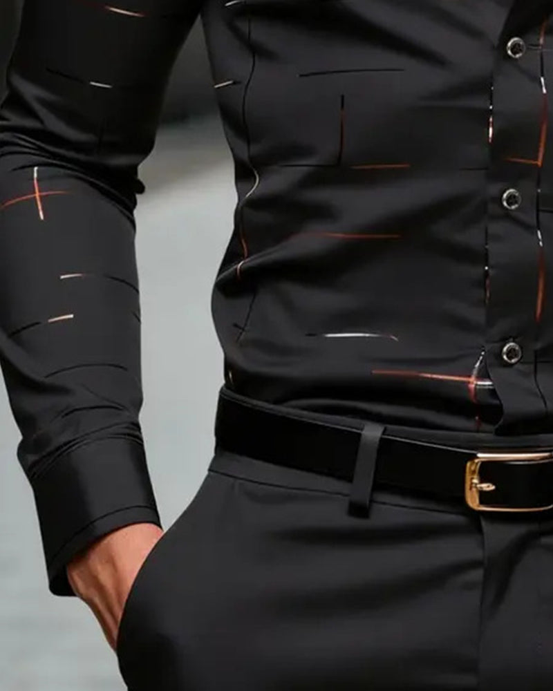 Men's Turn-Down Collar Striped Print Long Sleeve Shirt