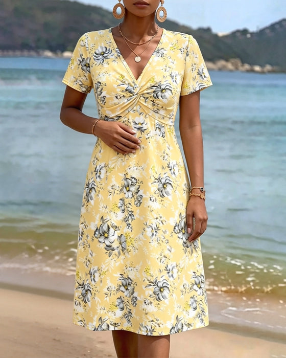 Floral V-Neck Twist Knot Dress