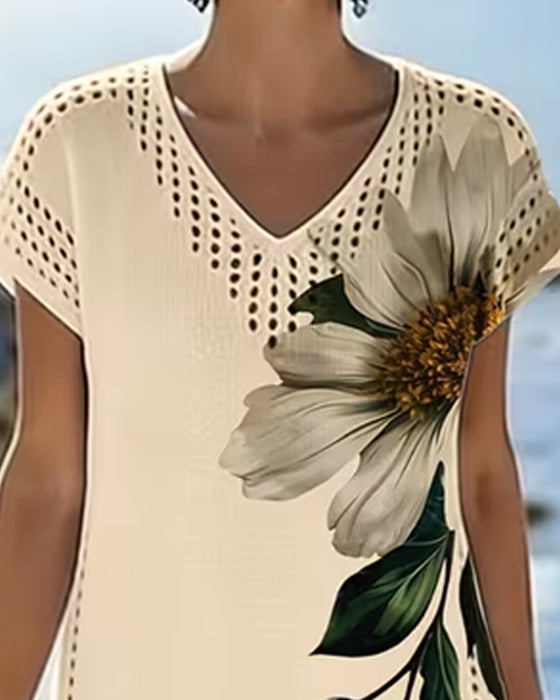V-Neck Cutout Floral Fitted Dress