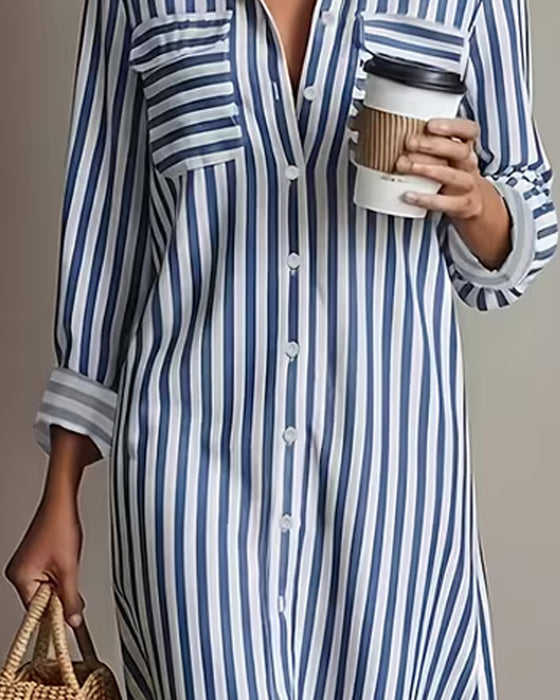 Lapel Vertical Stripe Shirt Dress