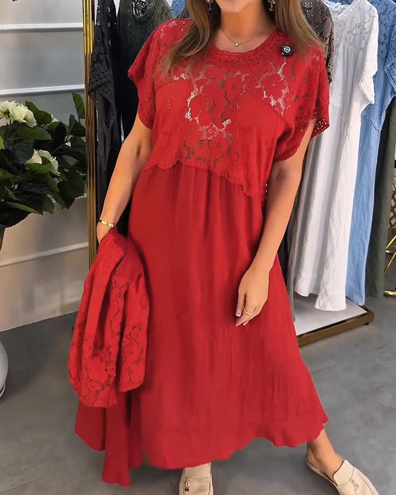 Elegant Lace Trim Patchwork Maxi Dress