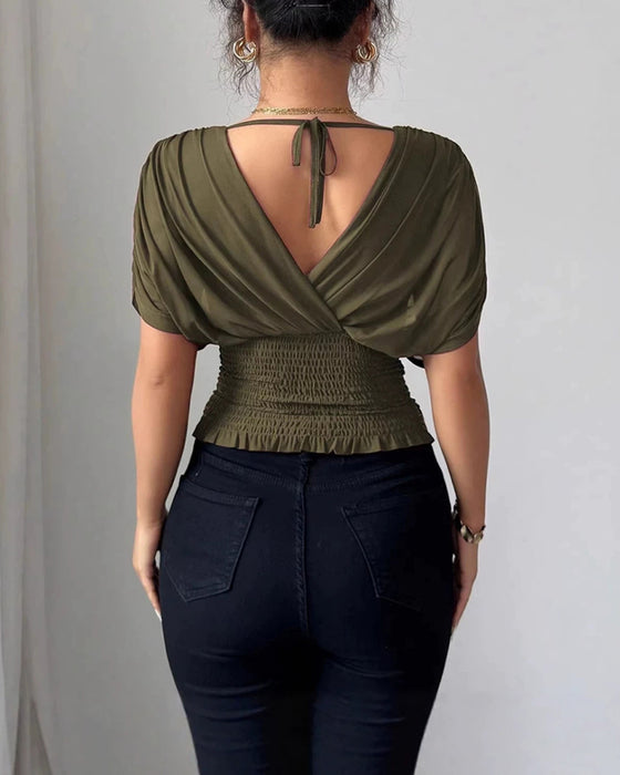 Solid Color Deep V-Nee Waist Short Sleeve Blouse