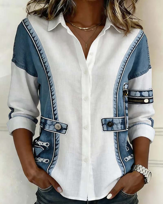 Patchwork Contrast Lapel Shirt