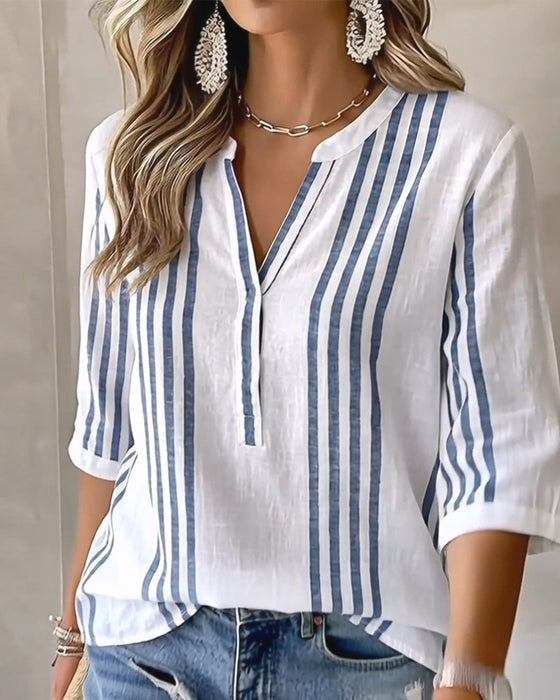 Vertical Stripe Stand Collar Blouse