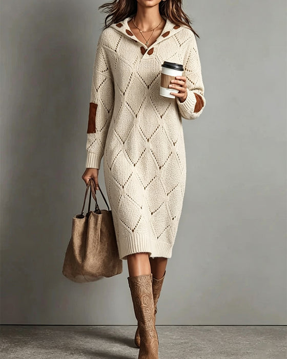 Hooded Contrasting Hollow Out Sweater Dress