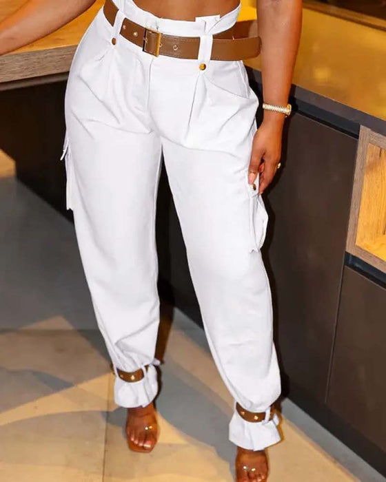 Solid color pocket casual cargo pants