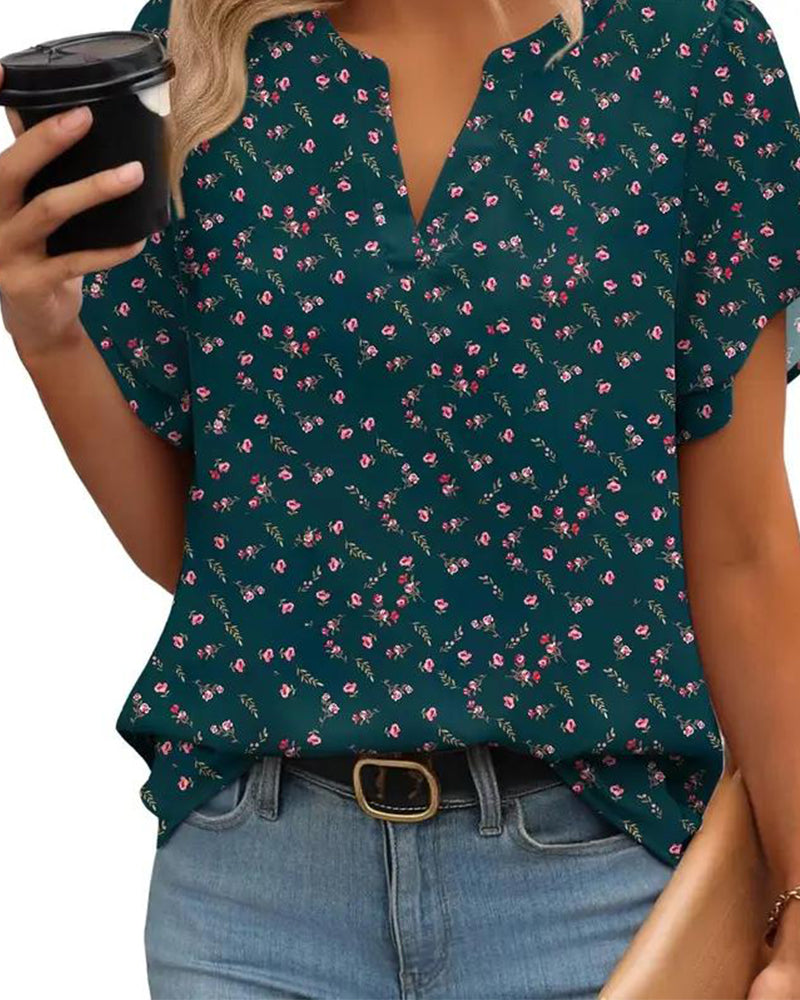 Flower Print Small V-Neck Blouse