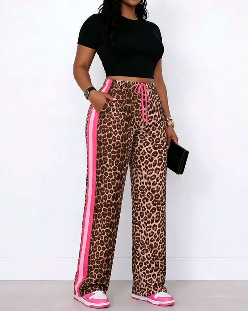 Color-Block Leopard Print Drawstring Straight-Leg Pants