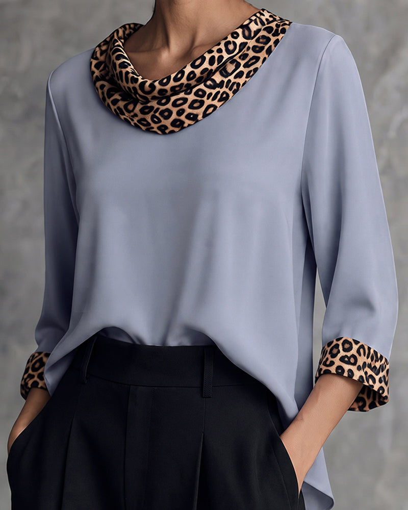 Leopard Panel Cowl Neck Elbow-Length Sleeve Blouse
