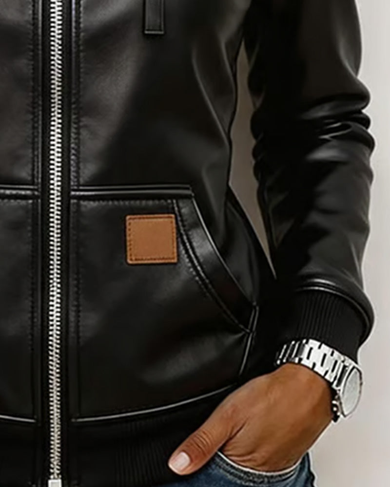 Hooded Faux Leather Zipper Coat