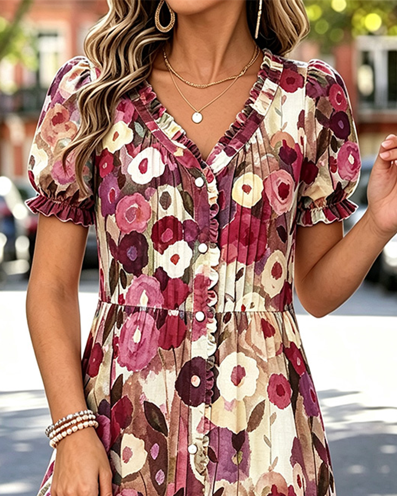 V-Neck Button Bubble Sleeve Dress