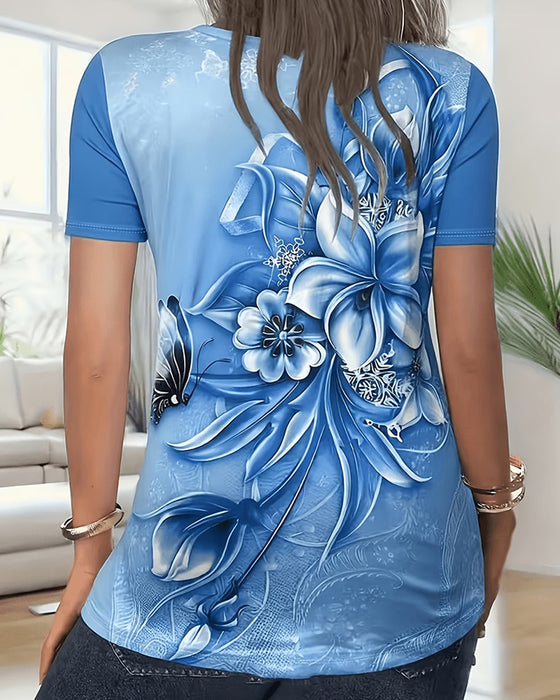 Floral V-Neck Short Sleeve T-Shirt