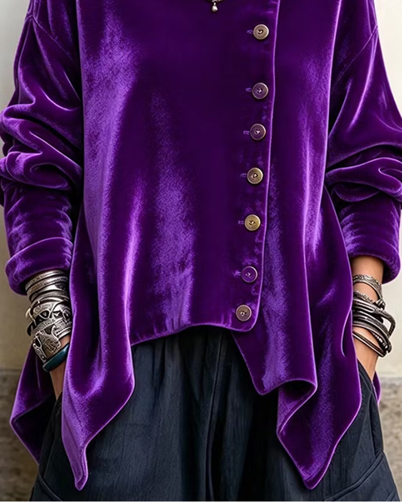 Stand Collar Diagonal Button Irregular Top