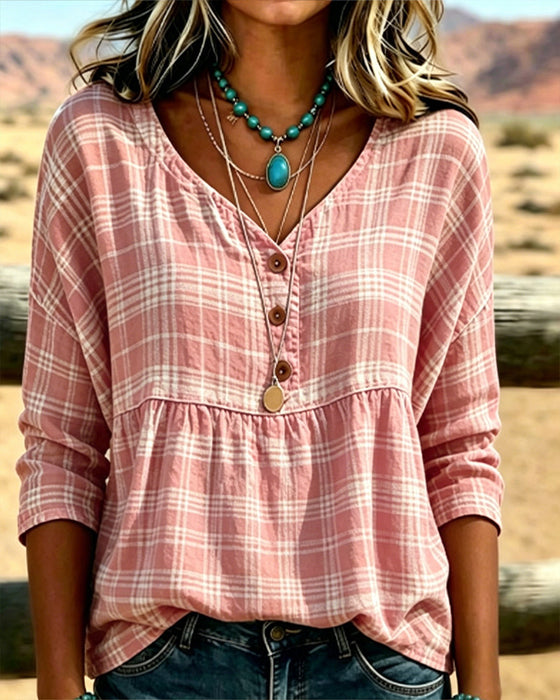 Vintage Plaid V-Neck Blouse