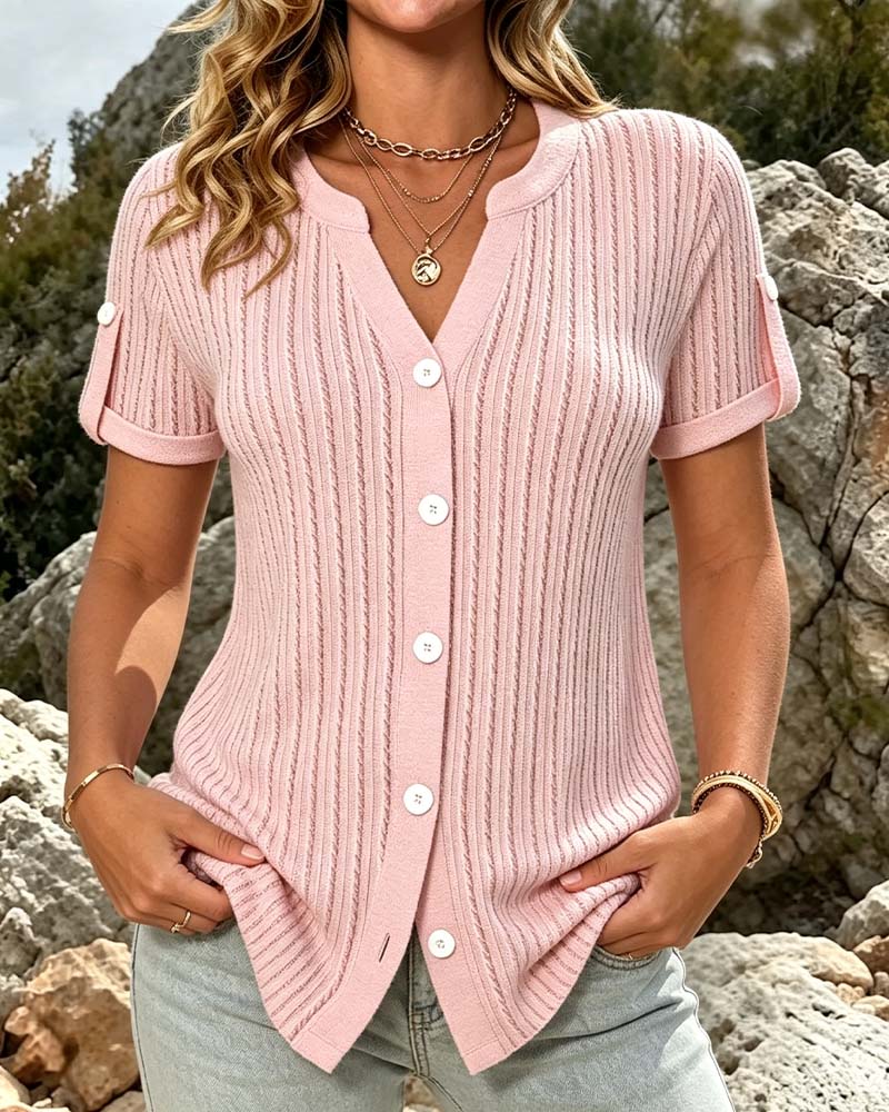 Mini V-Neck Button Solid Blouse