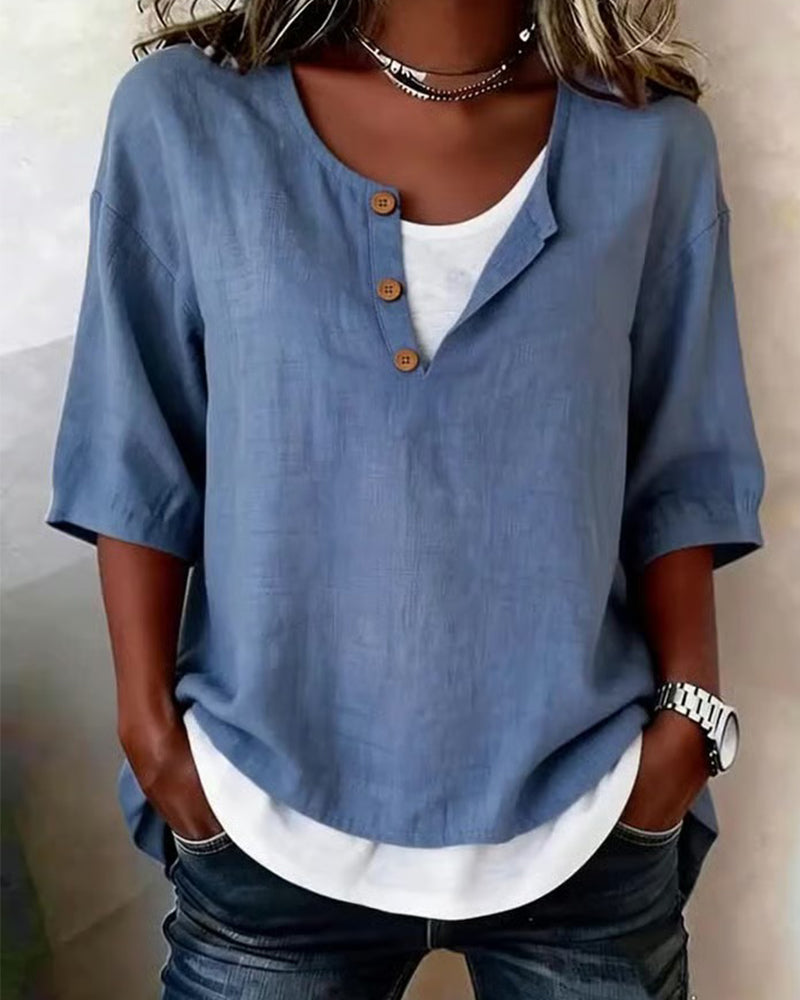 Faux Two-Piece 3/4-Sleeve Blouse