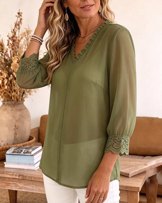 V-Neck Ruffle Lace Patchwork Blouse