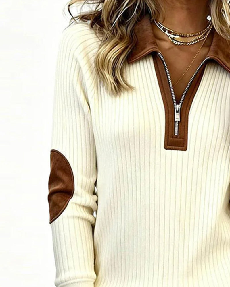 Half-Zip Collar Color-Blocked Top