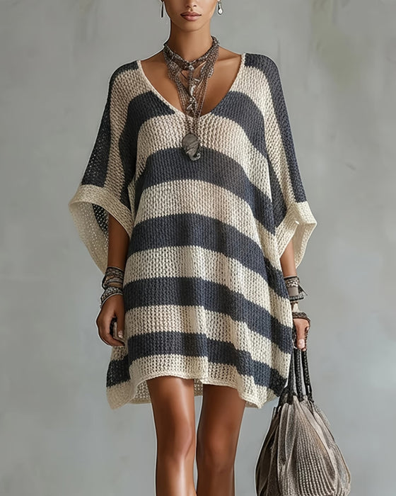 Dolman Sleeve Stripe Print Hollow Out Sweater Dress