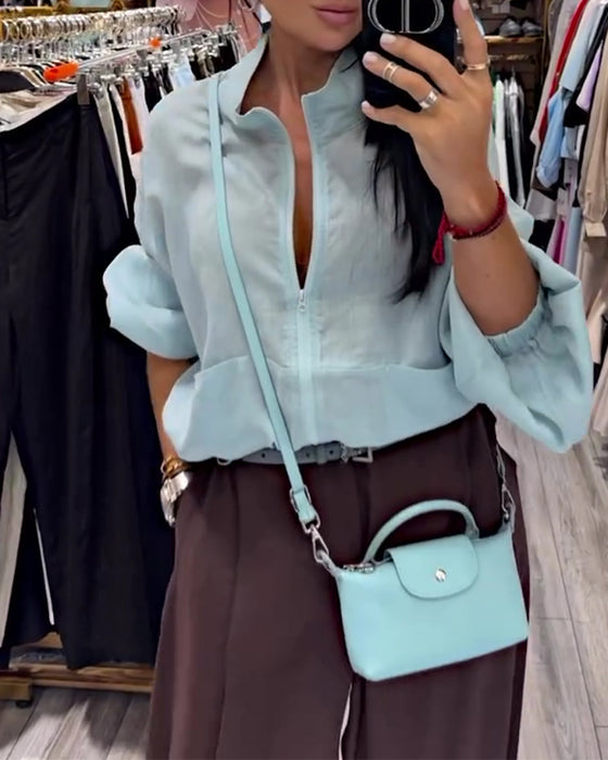 Solid Color High Collar Zipper Coat