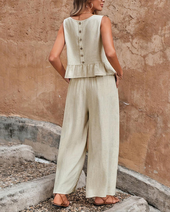 Sleeveless Round Neck Ruffle Wide Leg Set