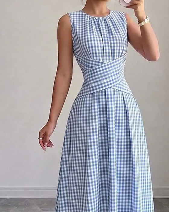 Crew Neck Cross Ruched Plaid Dress