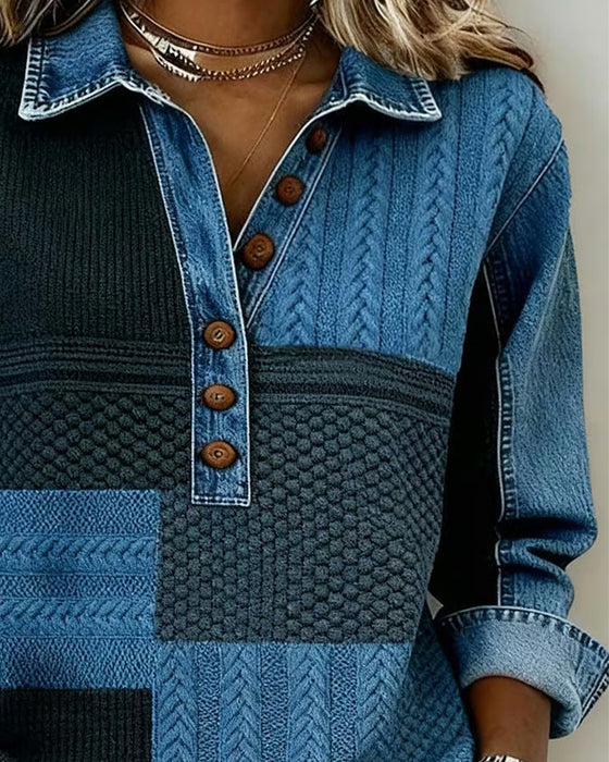 Printed Long-Sleeved Button-Down Sweatshirt