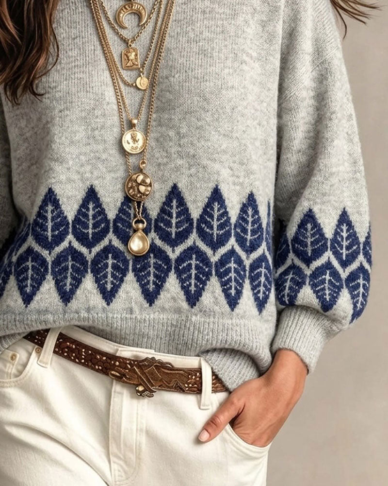 Crew Neck Lantern Sleeve Leaf Pullover