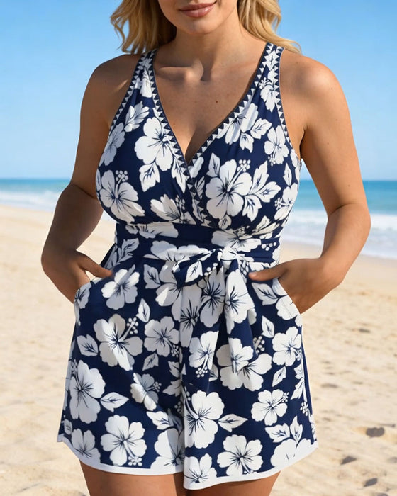 Hibiscus V-Neck Short One-Piece