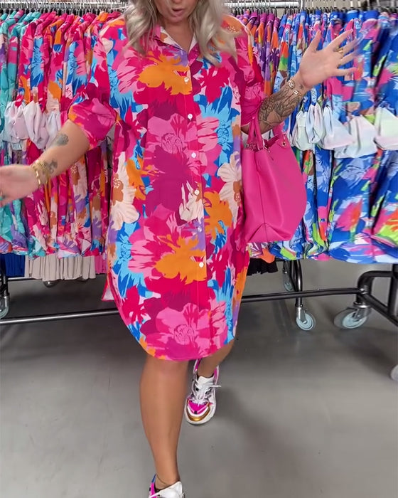 Colorful floral print lapel midi dress